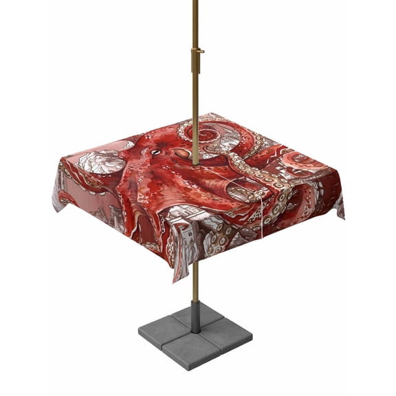 Outdoor Tablecloth with Umbrella Hole for Patio/Picnic/Party/Camping, Ocean Red Octopus Waterproof Table Cloth Square Cover Washable, Nautical Castle Coastal Lighthouse (54"x 54")