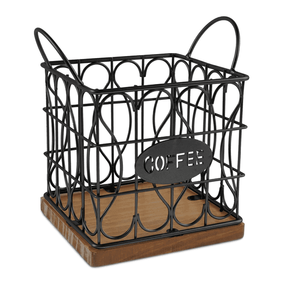 Pod Holder with Wooden Base & Metal Basket – Countertop Capsule Organizer for Kitchen, Office, or Cafe