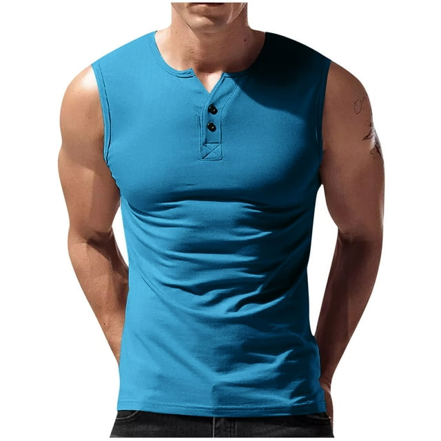 Ohufall Mesh Gym Tank Tops for Men Solid Breathable Henley Tank Tops Plus Size Sleeveless Summer Workout Tanks, Size M-3XL