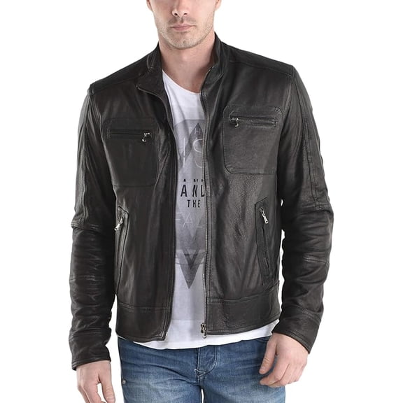 New Men Designer Genuine Lambskin Soft Biker Leather Black Jacket A943
