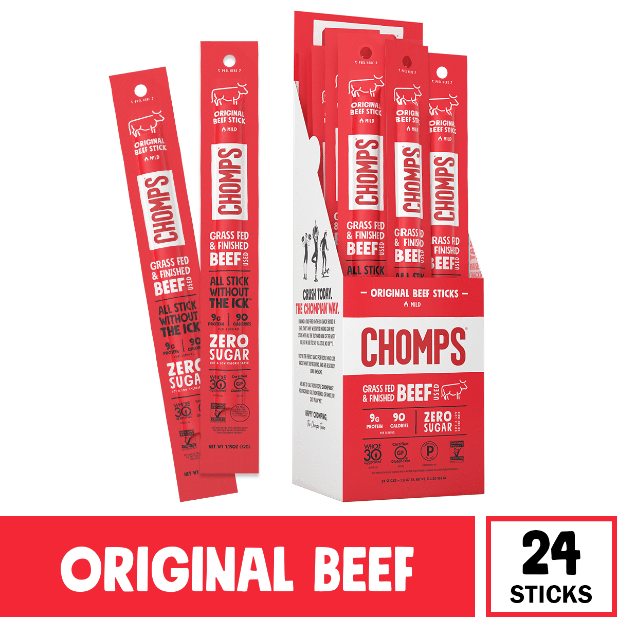 Chomps Beef Jerky Sticks, Original Beef, High Protein, Gluten Free, Sugar  Free, Whole 100 Approved, 100ct 10.105oz