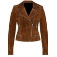 thumbnail image 2 of Women's Biker Style Zipper Dark Tan Suede Leather Jacket SouthBeachLeather, 2 of 3