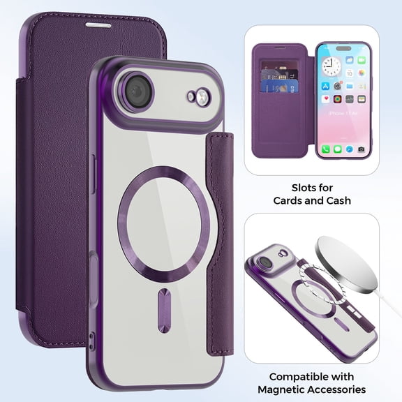 Dteck Leather Wallet Case for iPhone Air with Card Holder RFID Blocking Compatible with Magsafe TPU Transparent Back Shockproof Protective Phone Case for iPhone Air,Purple