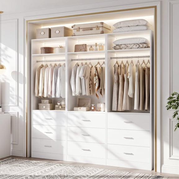 Homieasy Freestanding Closet System Set - 3-Pack with 3 Wood Drawers Each,With Hanging Rod & Shelves, 24"L x 15"W x 80"H, White
