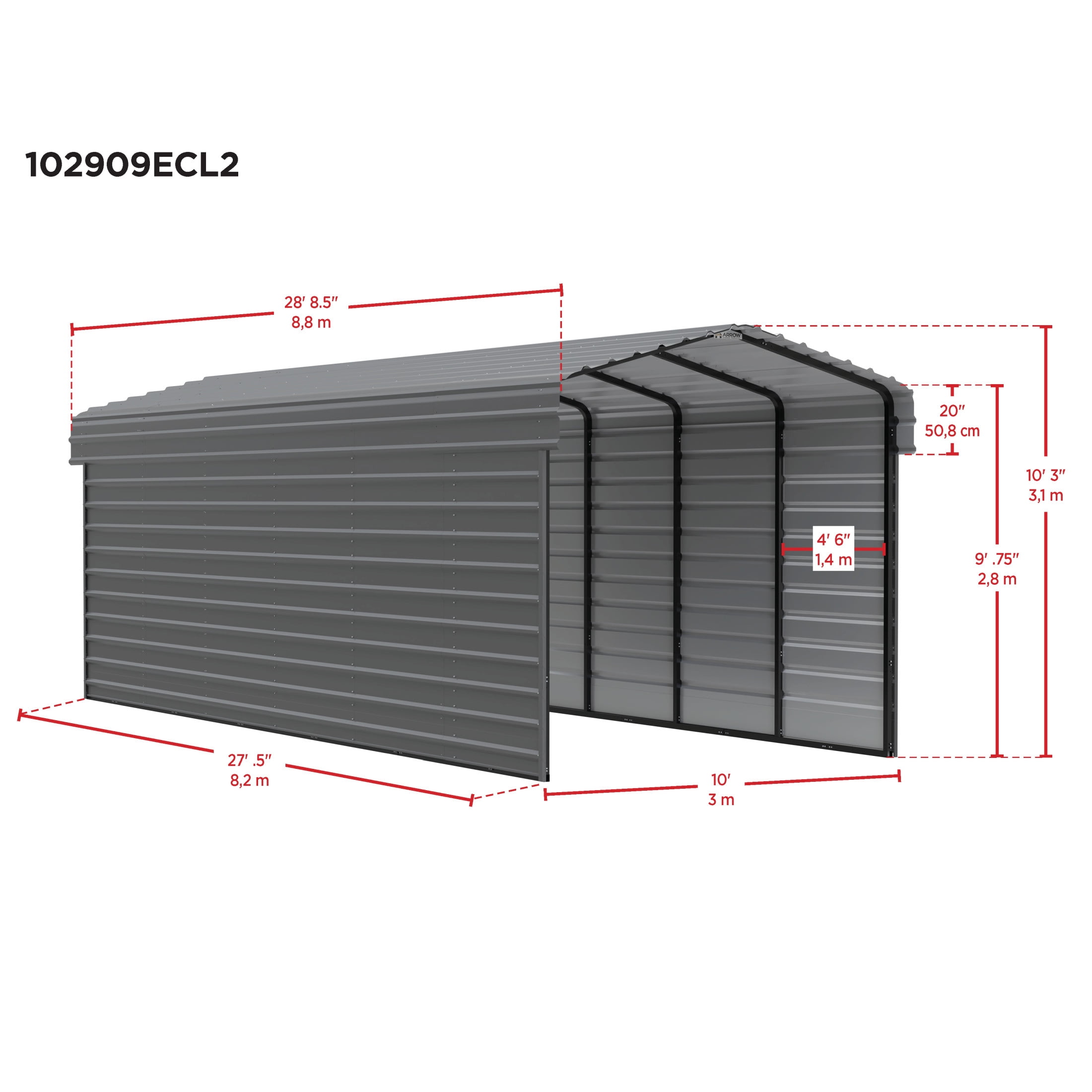 Arrow 10 x 29 x 9 ft Charcoal Steel Carport With 2 Side Wall Kit