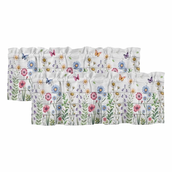 Spring Floral Valances for Windows, Decorative Rod Pocket Window Valance Curtains, Pink Blue Flowers Butterfly Wooden Short Curtain Drapes for Kitchen/Bathroom/Living Room, 2 Panels, 54" W x 18" L