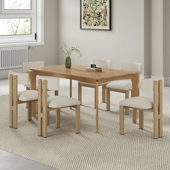 GDF Studio 7-Piece Mid-Century Modern Dining Set with Rectangular Table & 6 Upholstered Chairs, Beige Natural