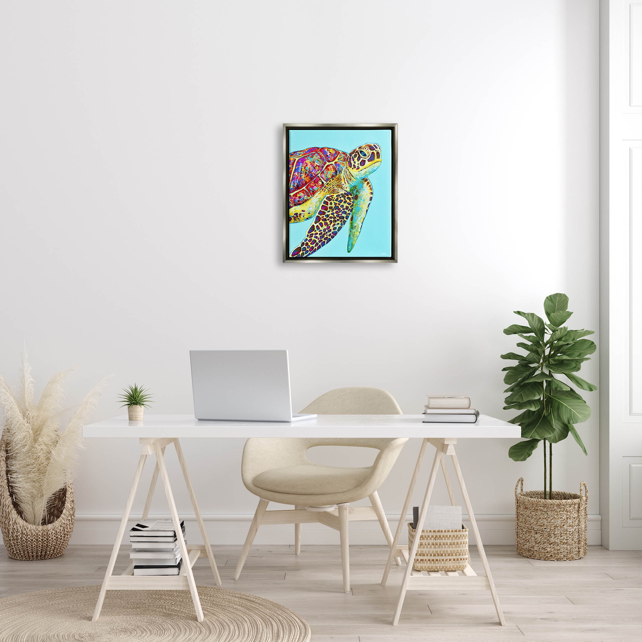 Swimming Sea Turtle Turquoise Accent Animals & Insects Graphic Art Luster Gray Framed Art Print Wall Art