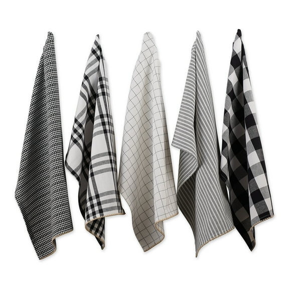 Contemporary Home Living Farmhouse-Style Woven Kitchen Dishtowels - 28" - Black and White - Set of 5