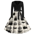 thumbnail image 2 of Halloween Dresses for Women Bat Ghost V Neck 1950s Cocktail Vintage Tea Length Dress Long Sleeve Hepburn Cute Classic Dresses with Belt S, 2 of 5