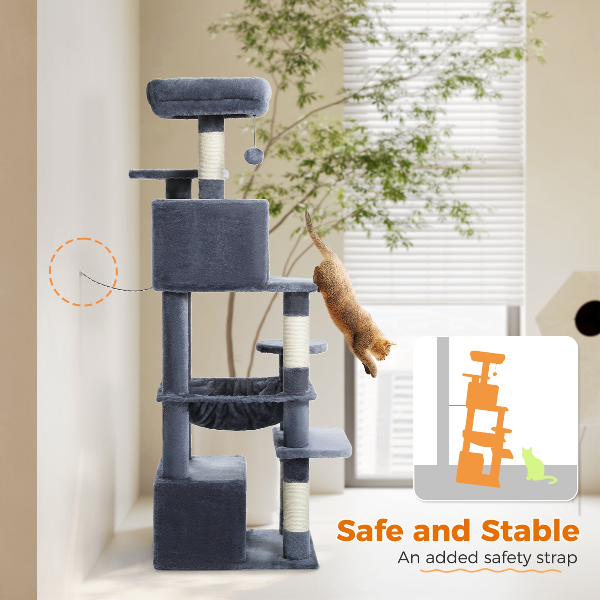 Pefilos 53" Tall Cat Tree Tower with Spacious Hammocks, Condos and Scratching Posts, Cat House with Dual Padded Perches for Indoor Large Cats, Dark Gray