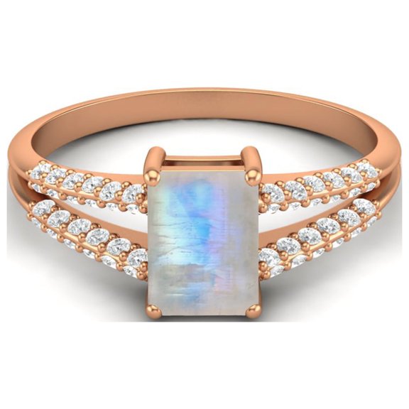 7X5MM Rainbow Moonstone 925 Sterling Silver Rose Plated Solitaire Women Mother's Day Gift Ring