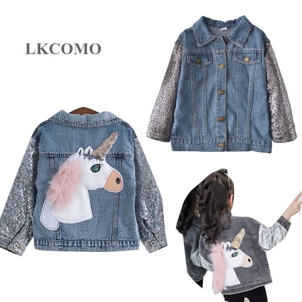 Girls Jackets unicorn Sequin Cowboy Coat unicorn Fashion Style Teens Outerwear Embroidery Girls Jackets Coat Children Jean Clothblue2-3T(100) He Qiyong unisex