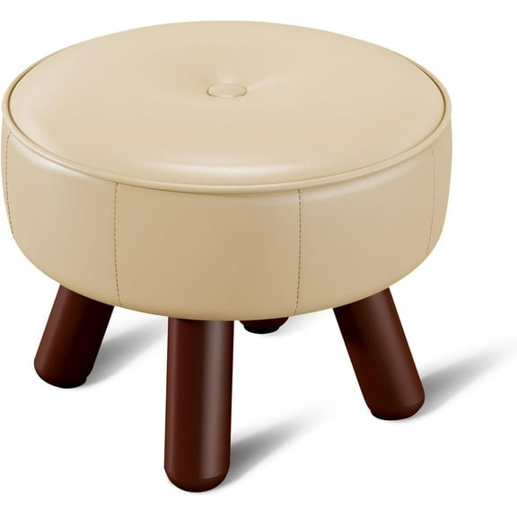 Small Foot Stool 13in, Round Faux Leaher Ottoman Foot Rest for Living Room, Under Desk Footstool Foot Rest with Non-Skid Rubber Legs for Bedroom, Entryway, 13''L x 13''W x 10.2''H, White