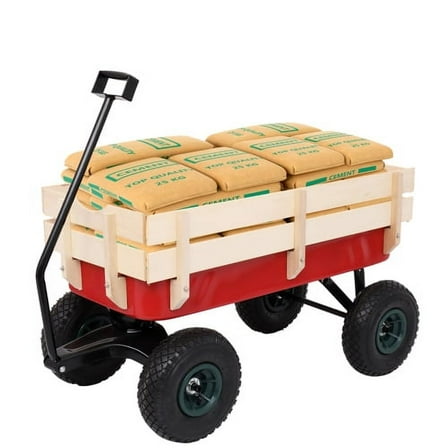 UBesGoo Super capacity Garden Wagon Wood Wagon ALL Terrain Pulling Red w/ Wood Railing Garden Cart