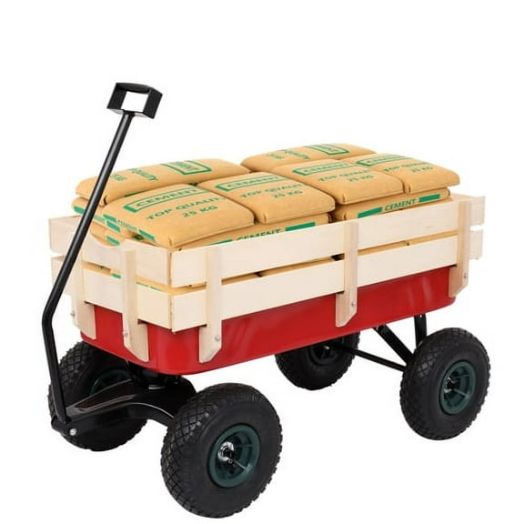 UBesGoo Super capacity Garden Wagon Wood Wagon ALL Terrain Pulling Red w/ Wood Railing Garden Cart