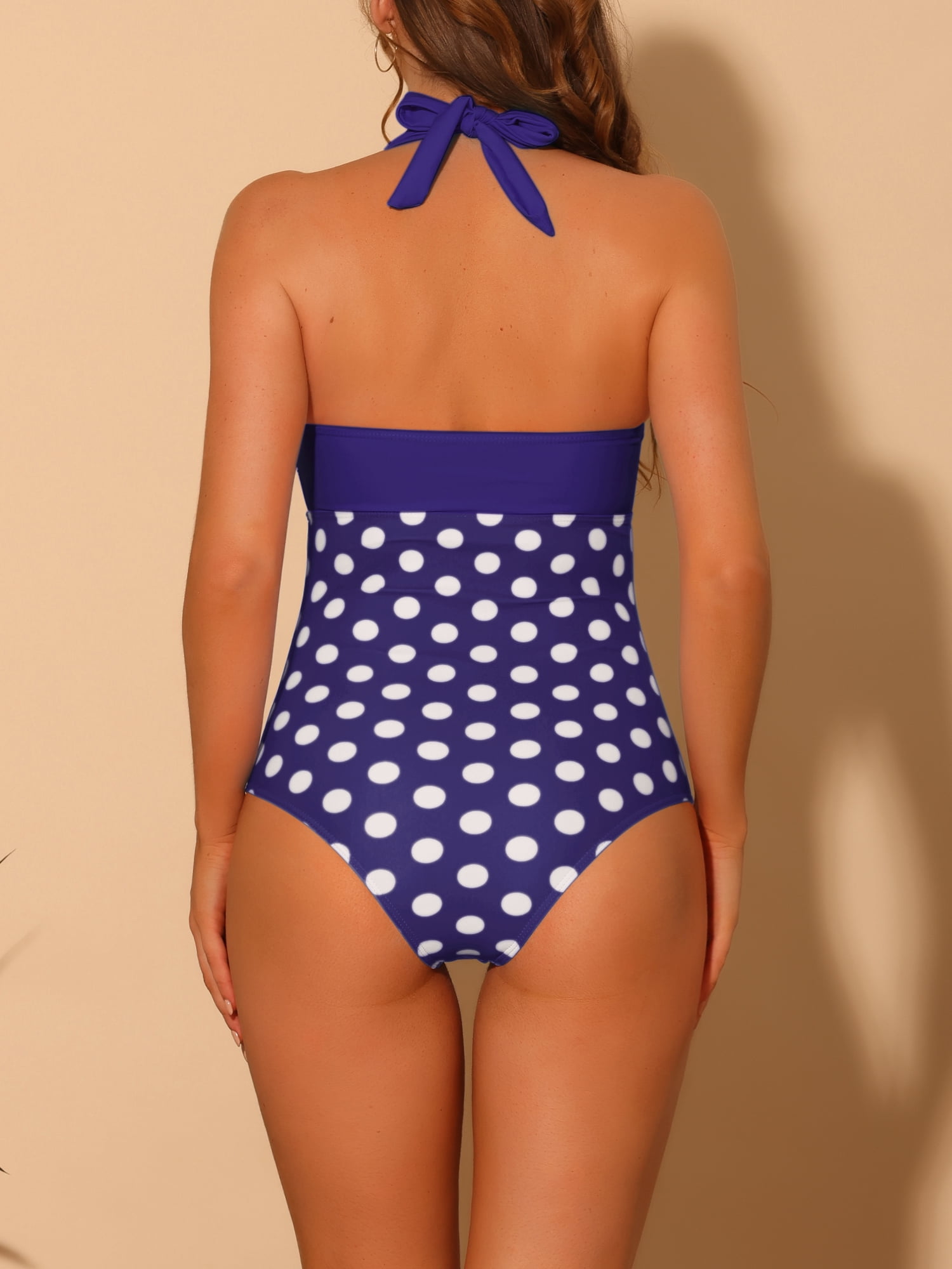 DARING DIVA Halterneck Polka Dot Tummy Control Swimsuit S Midnight-Blue