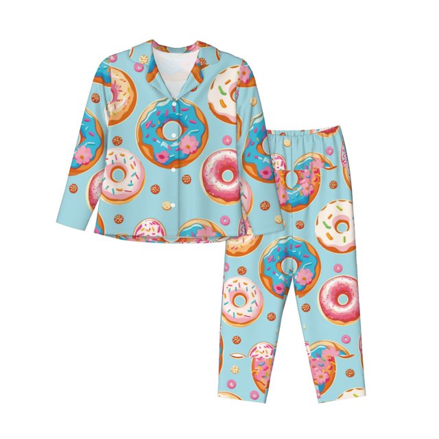 Balery Colorful Donut Conjunto de Pijama con Estampado para Mujer, Conjunto de Dos Piezas con Manga Larga, Ropa de Dormir Suave con Bolsillos, Pijamas Cómodos-Medium