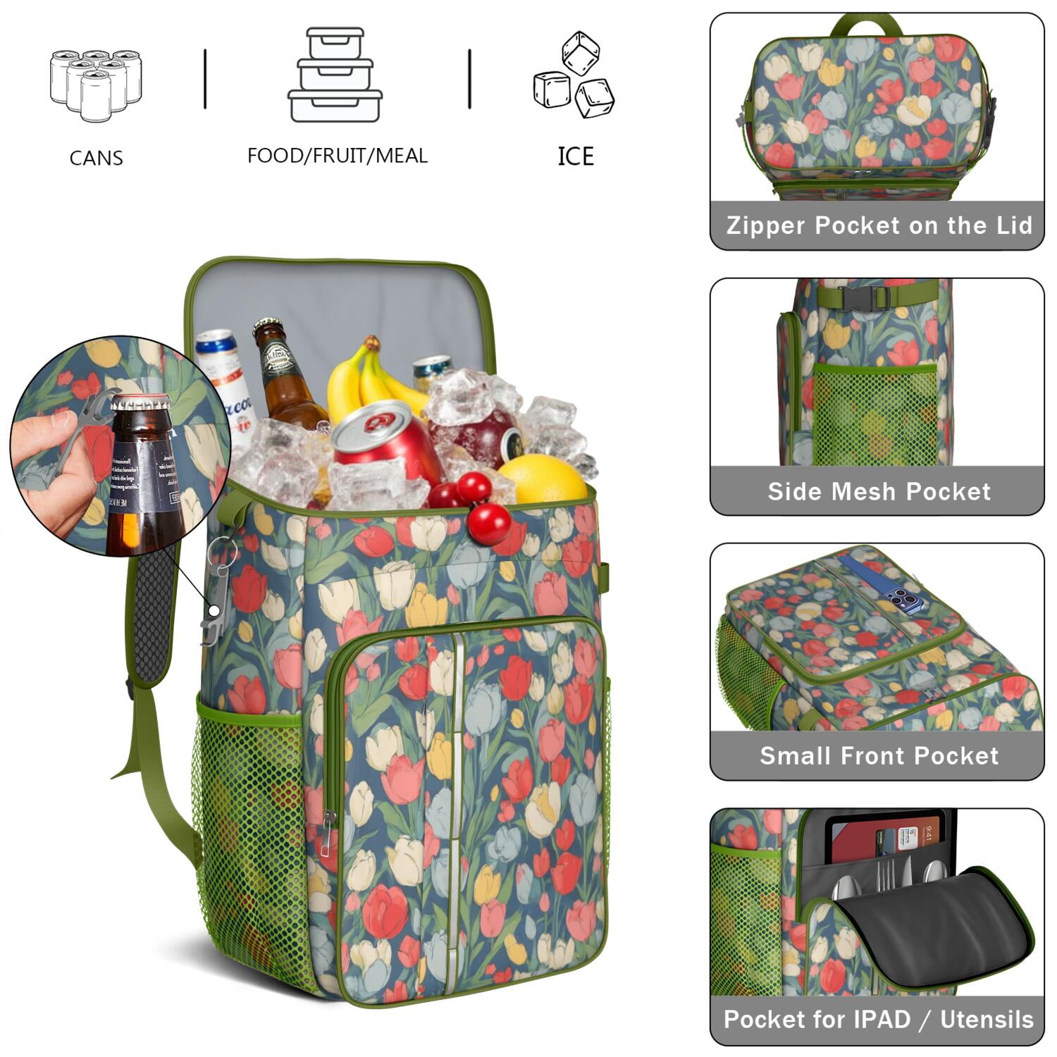 Travel Cooler Bag - Pioneer Flower Camping Beer Cooler Backpack with Bottle Opener- Waterproof Insulated Picnic Backpacks - Cooler Bag for Beach