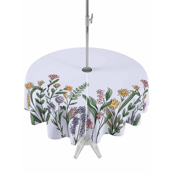 Outdoor Tablecloth with Umbrella Hole and Zipper, Purple Flowers Round Table Cloth 60 Inch Waterproof Tablecloth, Botanical Watercolor Wildflowers Floral Picnic Table Cover for Patio Camping