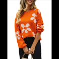 thumbnail image 2 of Suéter de Mujer de Otoño, Larga, Cuello Redondo, Jersey de Punto de Gran Tamaño, Tops Casuales con Estampados. Naranja XL, 2 of 9