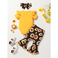 thumbnail image 4 of Aojekbee Baby Girls 3 Piece Outfit Sunflower Letter Print Short Sleeves Romper and Flare Pants Headband Summer Clothes, 4 of 10