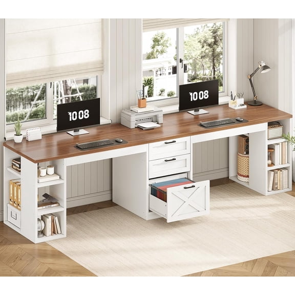 SEDETA Farmhouse 96.5" Computer Desk with Drawers, 2 Person Home Office Desk, Gaming Double Desk with Storage Shelves, Long Two Person Writing Desk (White and Brown)