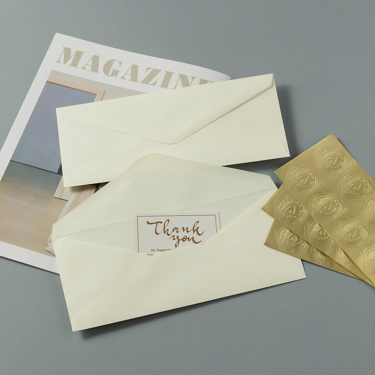 50 Count #10 Business Envelope with Gold Stickers for Office, Business, Letter Mailing, 4.13 x 9.49 Inches (Cream Color)