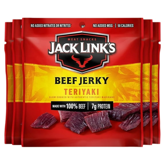 Jack Link's Beef Jerky, Teriyaki - Flavorful Meat Snack for Lunches, Ready to Eat Snacks - 7g of Protein, Made with Premium Beef - 0.625 Oz Bags (Pack of 5)