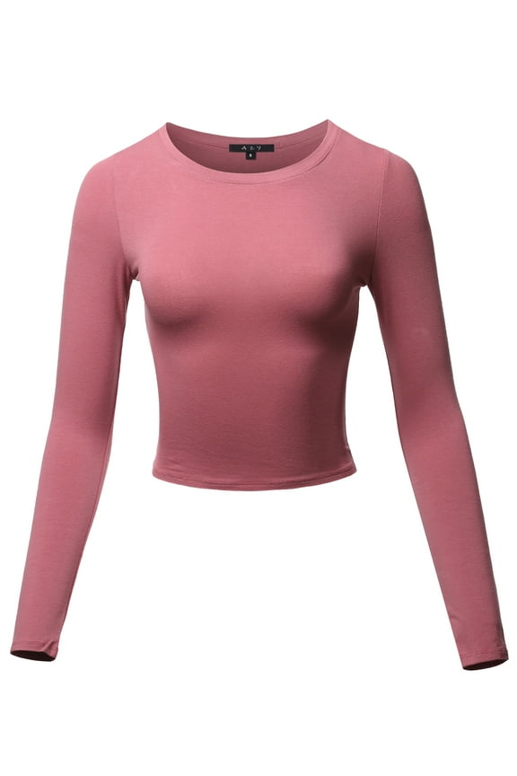 Women's Basic Solid Stretchable Crew Neck Long Sleeve Crop Top Antique Mauve L