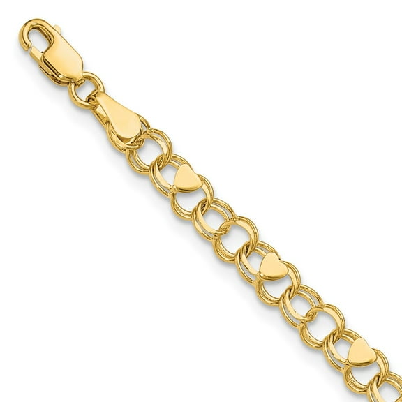 10k Yellow Gold Bracelet 4 mm 8 in Double Link with Hearts Charm