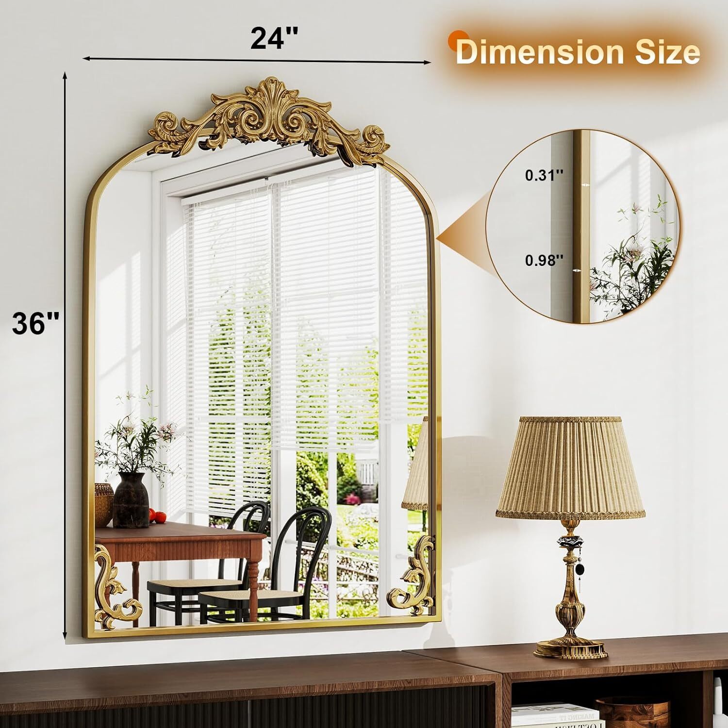Mirrasia 36.2"x 24" Vintage Mirror Decorative Mirror Arched Baroque Mirror Hanging,Gold