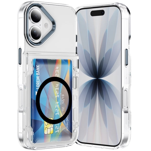 ELEHOLD 2-in-1 Clear Wallet Case for iPhone 17, Rugged Shockproof Protective Cover with Hidden Card Holder, Built in Kickstand, Black
