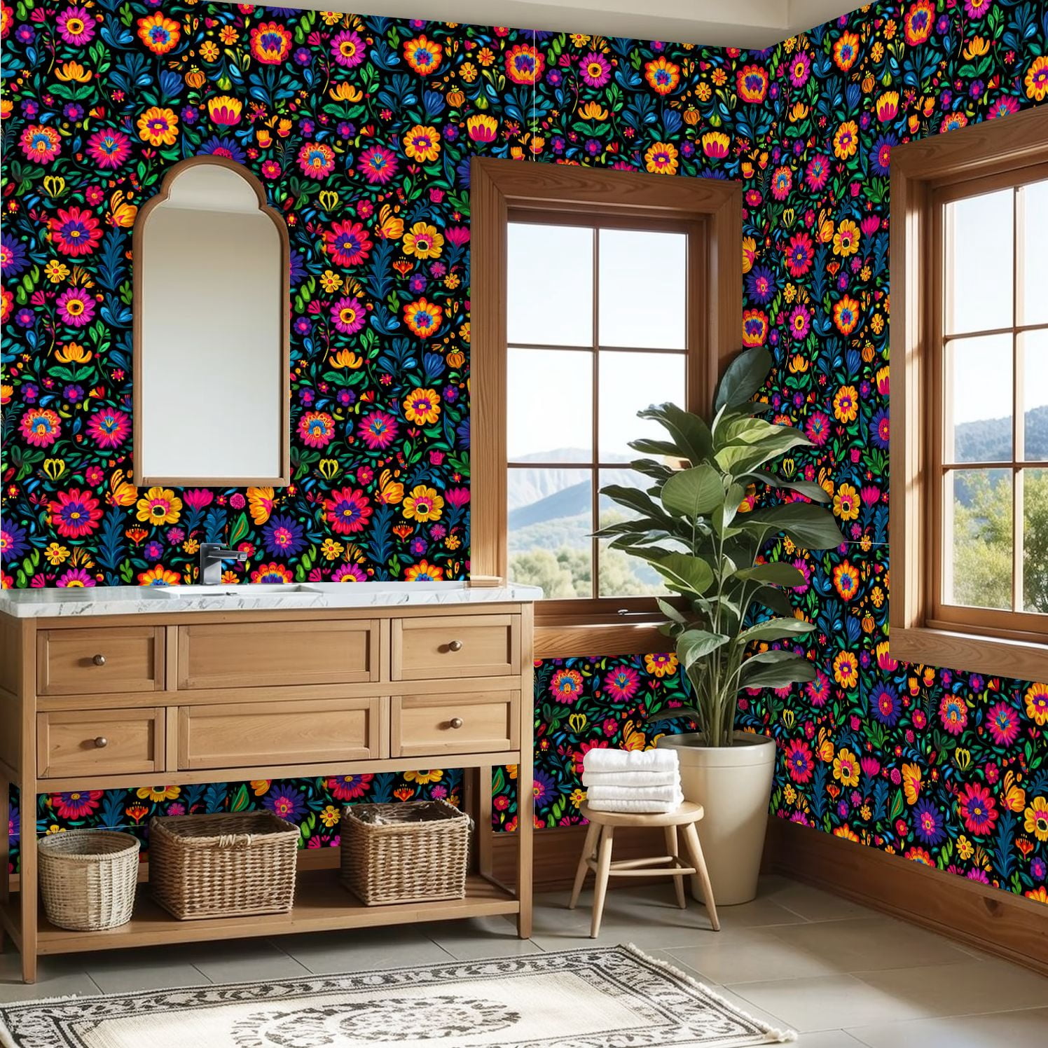 Mexican Peel and Stick Wallpaper Colorful Floral Vibrant Flowers Leaves Black Wall Mural 23.6in x 9.8ft Self Adhesive Removable Wall Paper Renter Friendly Wallpaper for Nursery Bedroom Cabinets