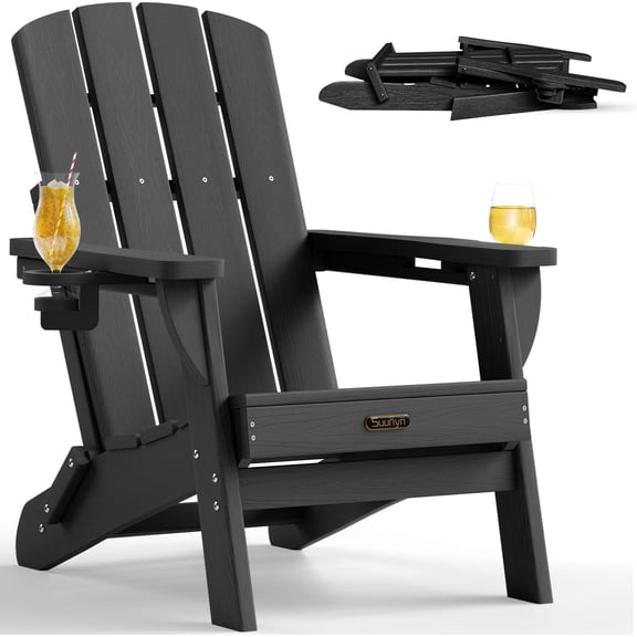 SUUNYN Folding Adirondack Chair, HDPE All-Weather Fire Pit Chairs, Plastic Adirondack Chairs with 2 Cup Holder, Black