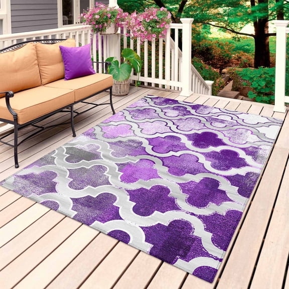 Purple Morocco Outdoor Rug for Patio/Deck/Porch, Non-Slip Large Area Rug 6 x 9 Ft, Rustic Country Smear Street Mottled Art Indoor Outdoor Rugs Washable Area Rugs, Reversible Camping Rug Carpet Runner
