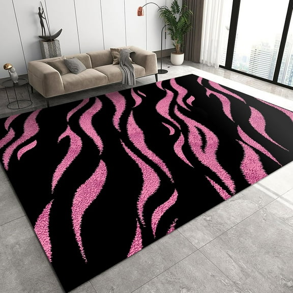 Black Pink Stripes Simple Area Rugs, Trendy Creative Art Living Room Indoor Non-Slip Kids Rug, Machine Washable Breathable Durable Carpet for Living Room Study Dining Decor Mat 2x3ft