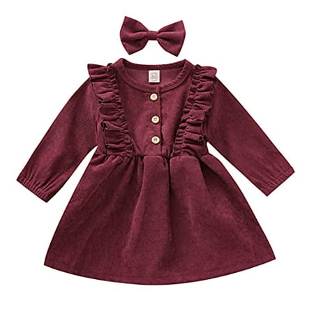 

Styles I Love Toddler Girls Buttons Ruffle Long Sleeve Solid Corduroy Dress with Bow Hair Clip 2pcs Fall Winter Dressy Outfit (Burgundy 4T)