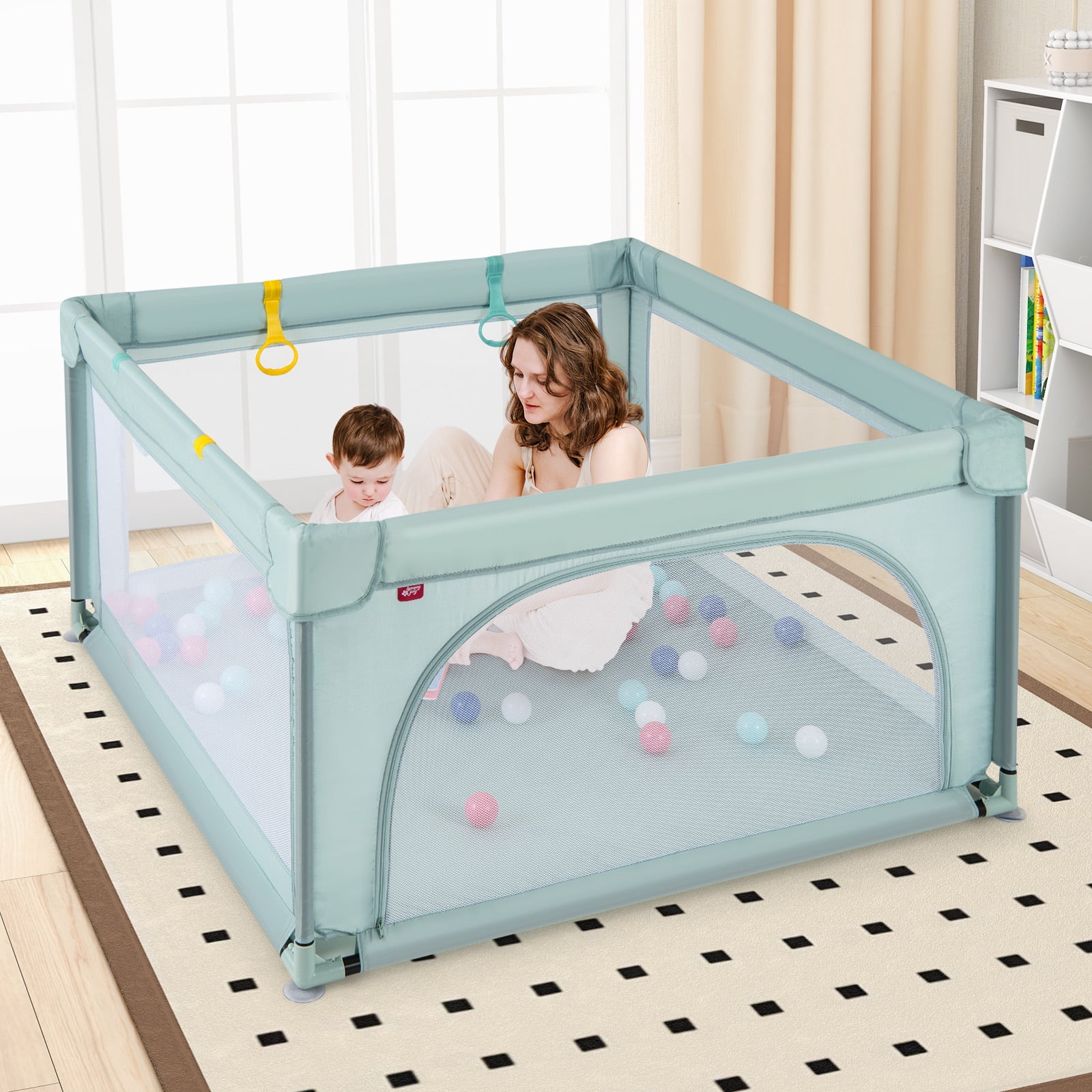 Gymax Baby Playpen for Toddlers Large Kids Activity Center w/ 50 PCS Ocean Balls & 4 Pull Rings