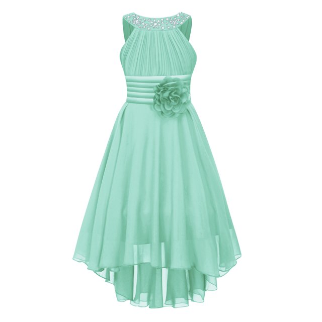 Oyolan Robe de Demoiselle d'Honneur Sans Manches à Encolure Perlée Brillante pour Enfants, Robe de Danse Haute Basse en Chiffon, Robe de Mariage Formelle Vert Menthe 6