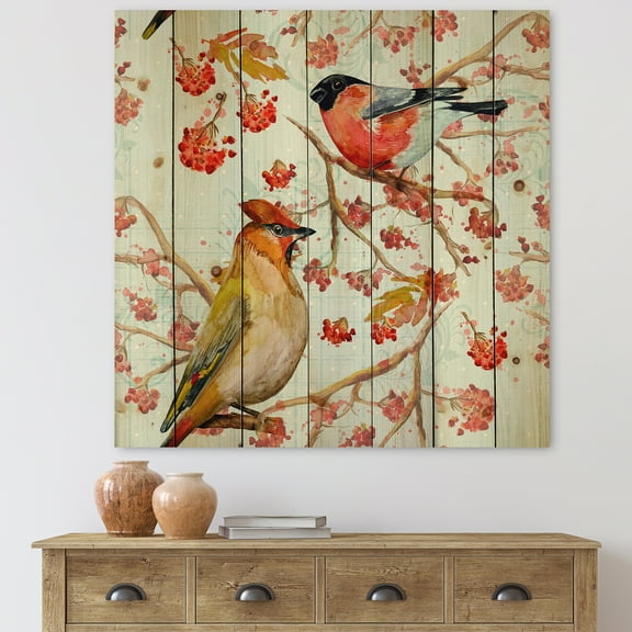 Designart 'Two Birds Sitting On Branches During Autumn' Traditional Print on Natural Pine Wood