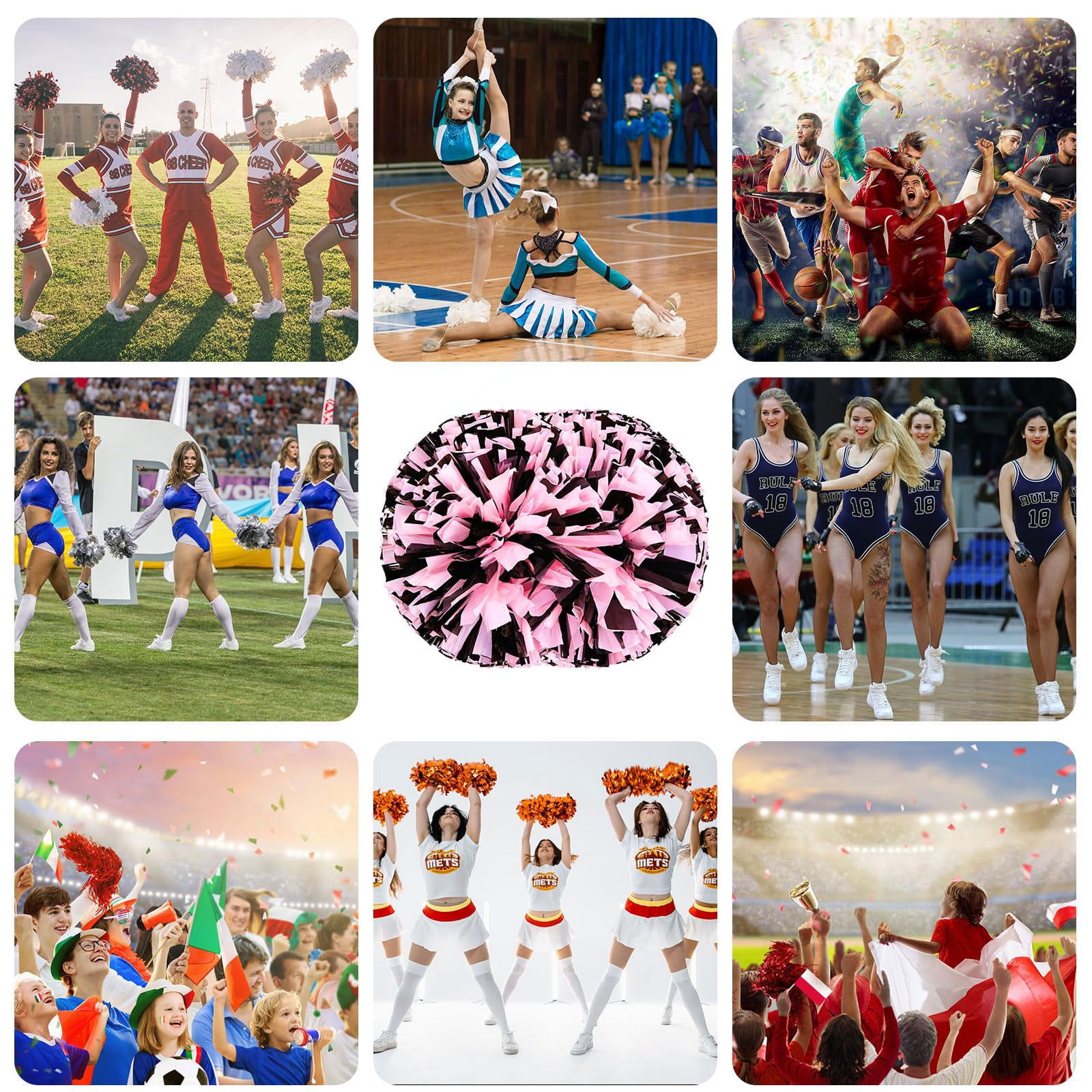 Cheer Pom Poms 20 Pcs with Handle, Cheerleading Handheld Squad Pompoms for Sports Team Cheer Spirit Games Dance Party Adults