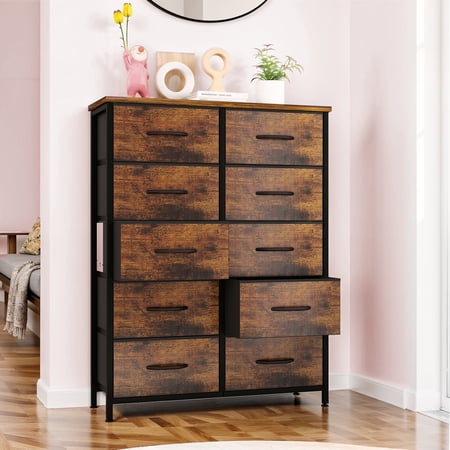 Tall Dresser for Bedroom Chests of Drawers Storage Organizer with 10 Drawers Sturdy Metal Frame Wood Tabletop for Guest Room Closet Entryway Nursery Rust Brown