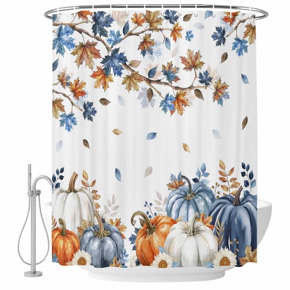 Navy Blue Pumpkin Fall Shower Curtain, Waterproof Shower Curtains for Bathroom, Thanksgiving Maple Leaves Branches Washable Fabric Bathtub Curtain Set Bath Decor with 12 Hooks Standard 72"x72"