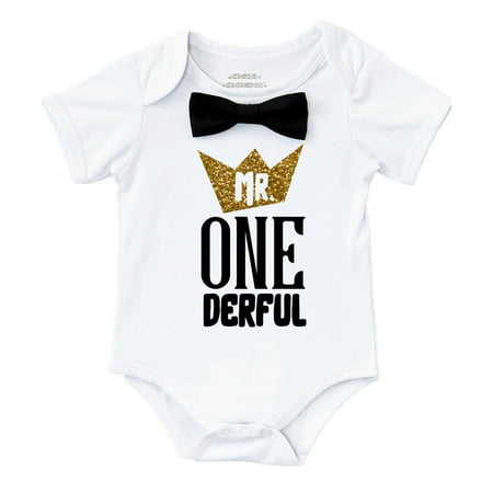 Mr Onederful First Birthday Shirt Outfit Boy With Black Bow Tie And