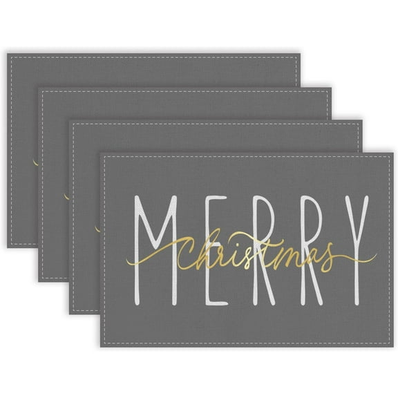 Merry Christmas Gold Placemats 12x18 Inch Set of 4 Xmas Winter Holiday Place Mats for Home Party Kitchen Dining Table Decorations Grey