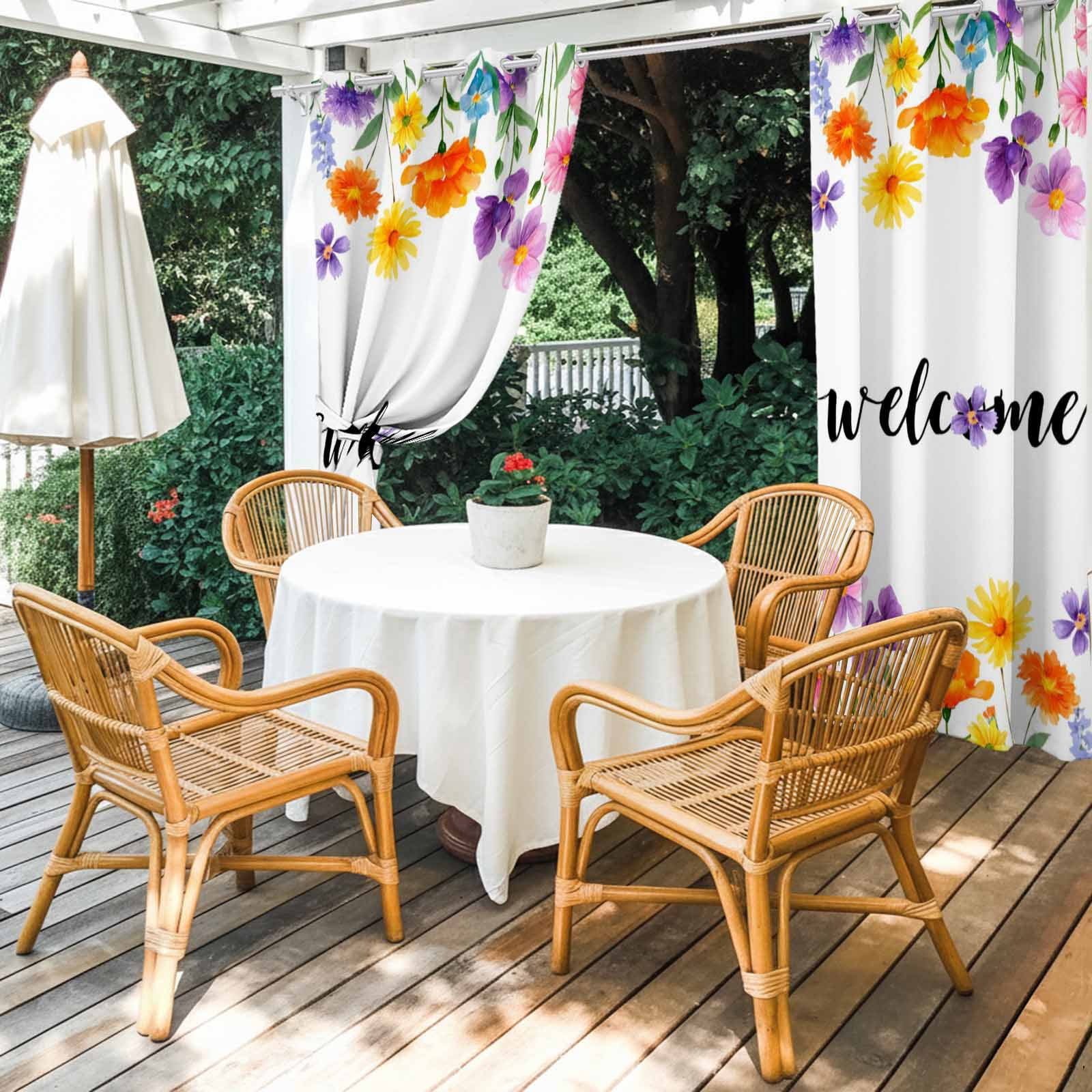 Farmhouse Outdoor Curtains for Patio, Welcome Yellow Purple Flower Wildflower Sunshade Privacy Drapes Grommet Waterproof Outside Curtains for Porch/Cabana/Balcony 54"x 108", 1 Panel