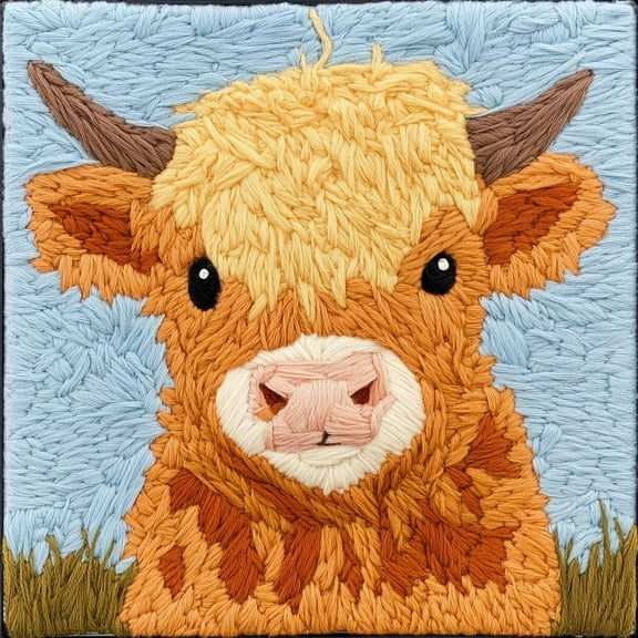 DIY Punch Needle Kits for Beginners Cute Cartoon Highland Cow with Pure Color with Hoop Embroidery Punch Needle Starter Craft Set Easy for Adults and Children Festival Gift and Decoration 20x20cm-5