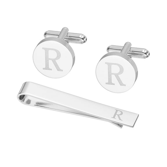 Uxcell Cuff Links, Initial Tie Clip and Cufflink Set for Men Classic Copper, Letter R(Silver Tone)