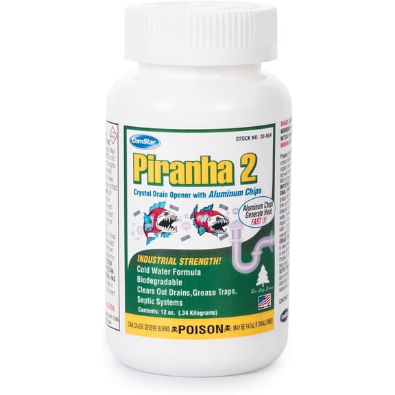 ComStar Piranha II Industrial Drain Opener, Powerful Formula with Aluminum Chips for Extra Heat, Instantly Dissolves Grease & Hair, Safe for Metal & Plastic Pipes, 1 Pound (30-604)